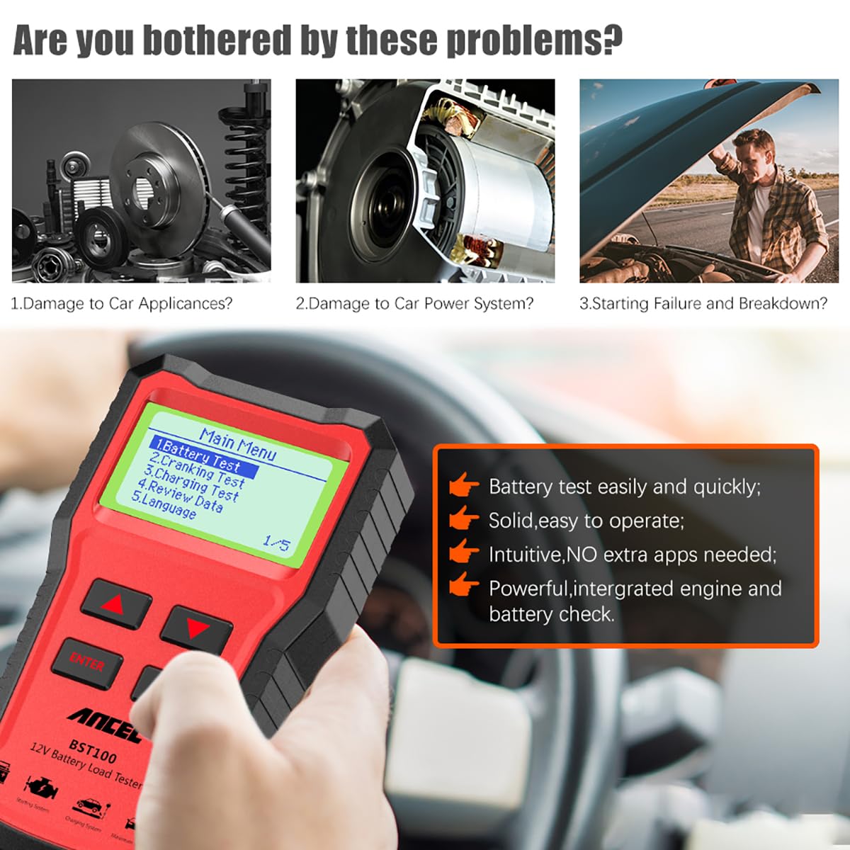 Car Battery Load Tester Digital Cranking - เครื่องทดสอบแบตเตอรี่รถยนต์ดิจิตอล 12V รุ่น ANCEL BST100 100-2000