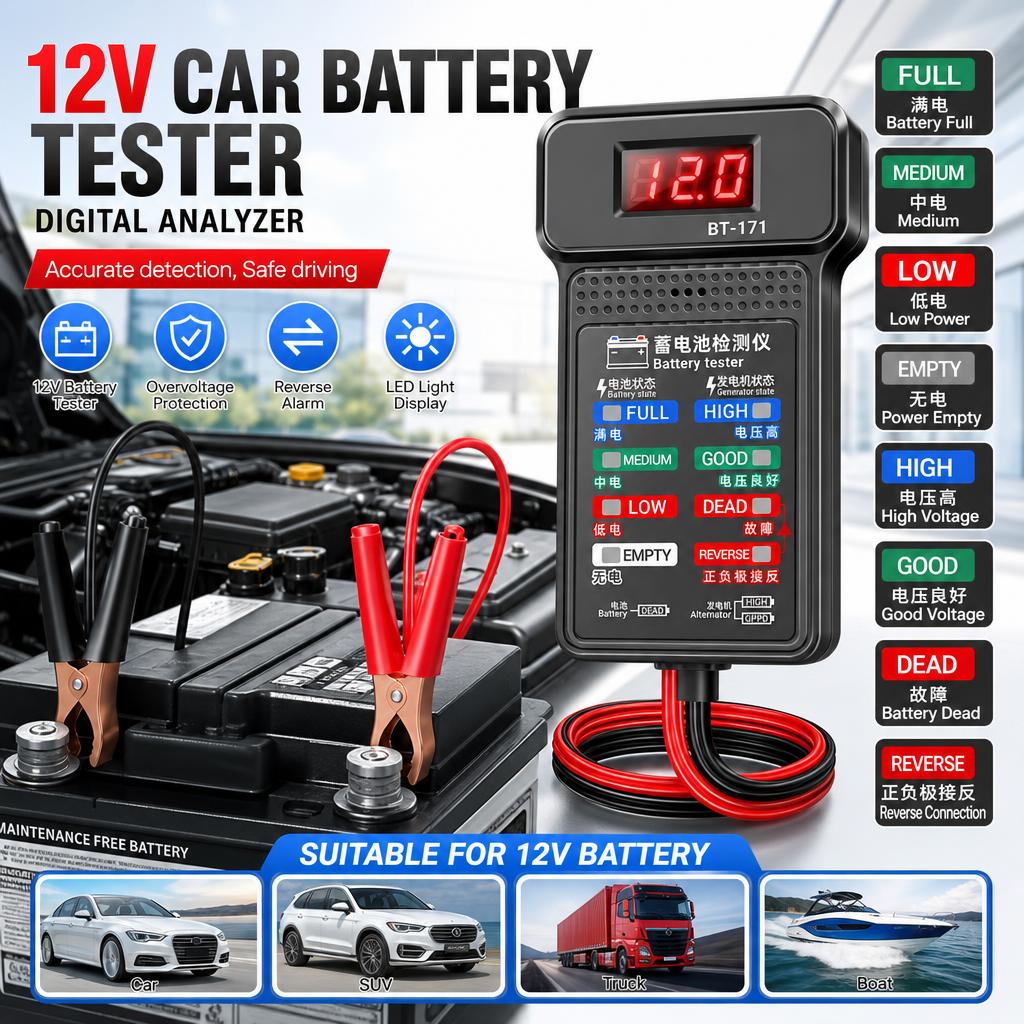Car Battery Load Tester Digital Cranking - เครื่องทดสอบแบตเตอรี่รถยนต์ 12V แบบดิจิตอล พร้อมระบบวิเคราะห์และทดสอบโหลดแบตเตอรี่รถยนต์ พร้อมสัญญาณเตือนย้อนกลับและระบบป้องกันแรงดันไฟฟ้าเกิน