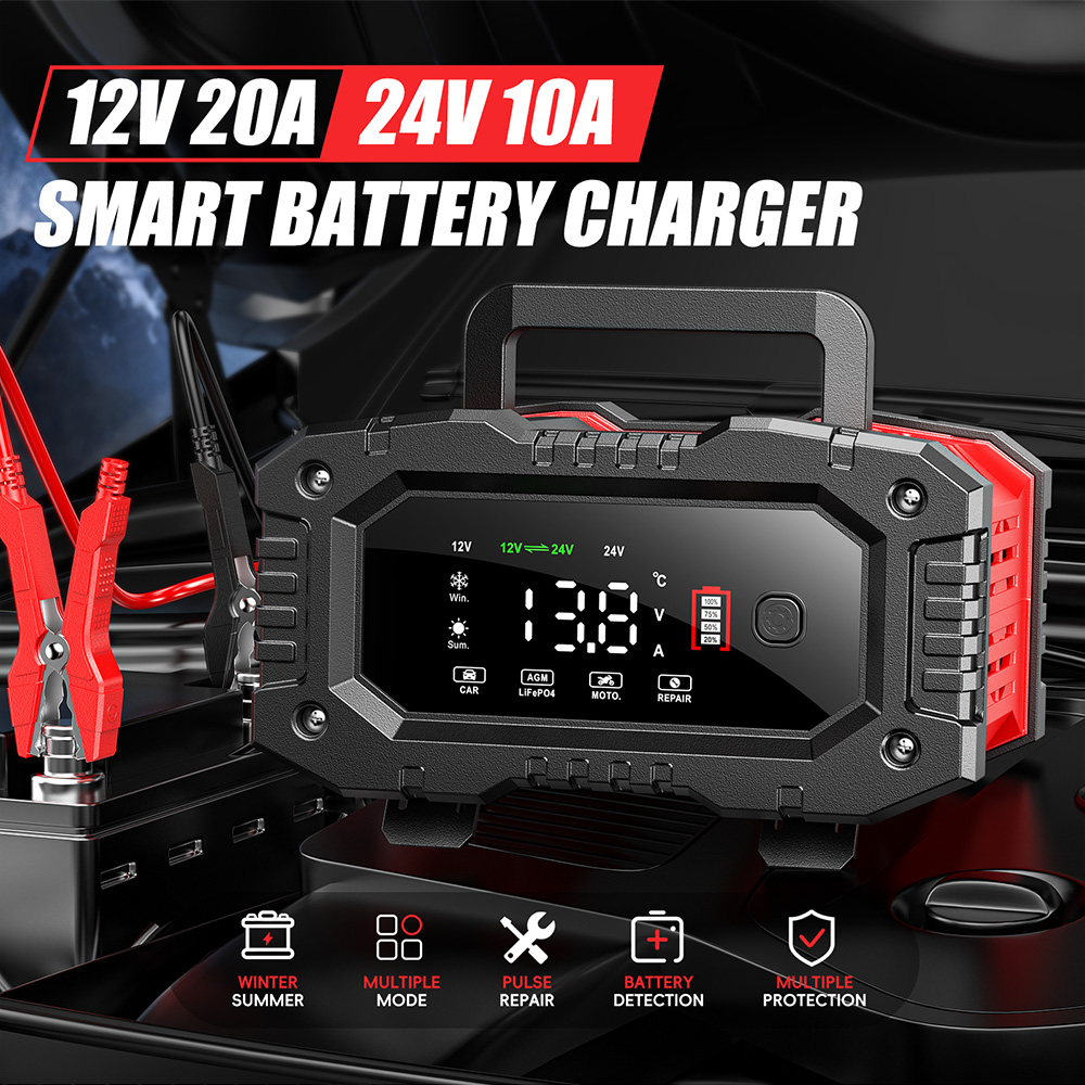 Smart Car Battery Charger 12V 24V 20A - FOXSUR เครื่องชาร์จแบตเตอรี่อัจฉริยะ 12V/20A 24V/10A พร้อมฟังก์ชันซ่อมแซมแบบพัลส์ สำหรับรถยนต์