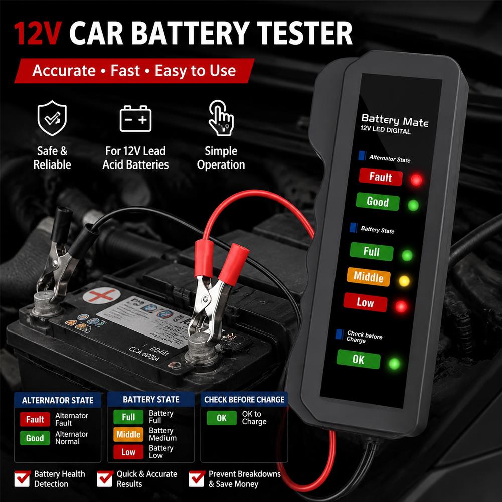 Alternator Tester Digital Diagnostic Tool - เครื่องทดสอบแบตเตอรี่รถยนต์ 12V เครื่องทดสอบไดนาโมดิจิตอล พร้อมหน้าจอแสดงผล 6 ไฟ
