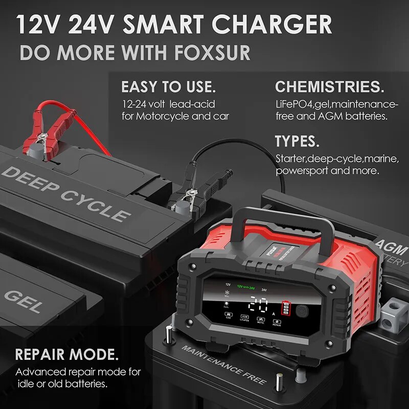 เครื่องชาร์จแบตเตอรี่รถจักรยาน - Smart Car Battery Charger 12V 24V 20A บทวิจารณ์และราคา