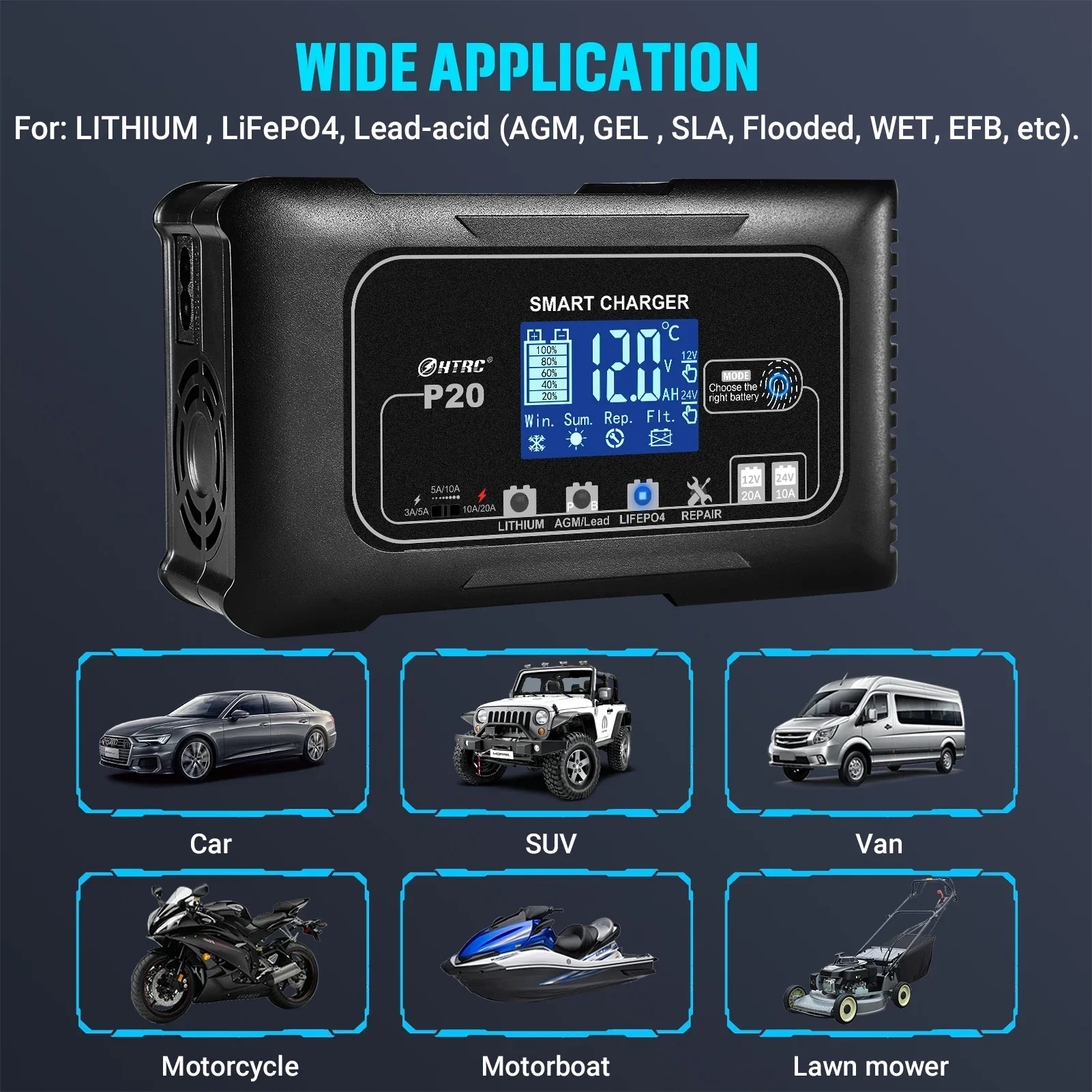 เครื่องชาร์จแบตเตอรี่อัจฉริยะ  - Smart Car Battery Charger 12V 24V 20A บทวิจารณ์และราคา